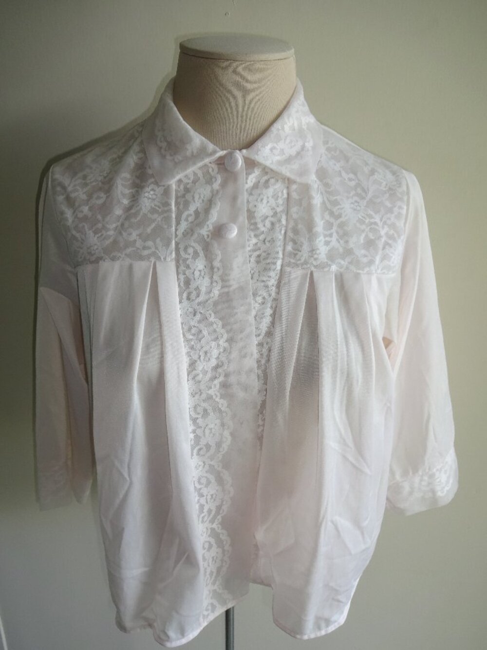 Vintage 1960s Pink Henson Kickernick Bed Jacket M Nylon Floral Illusion Lace USA
